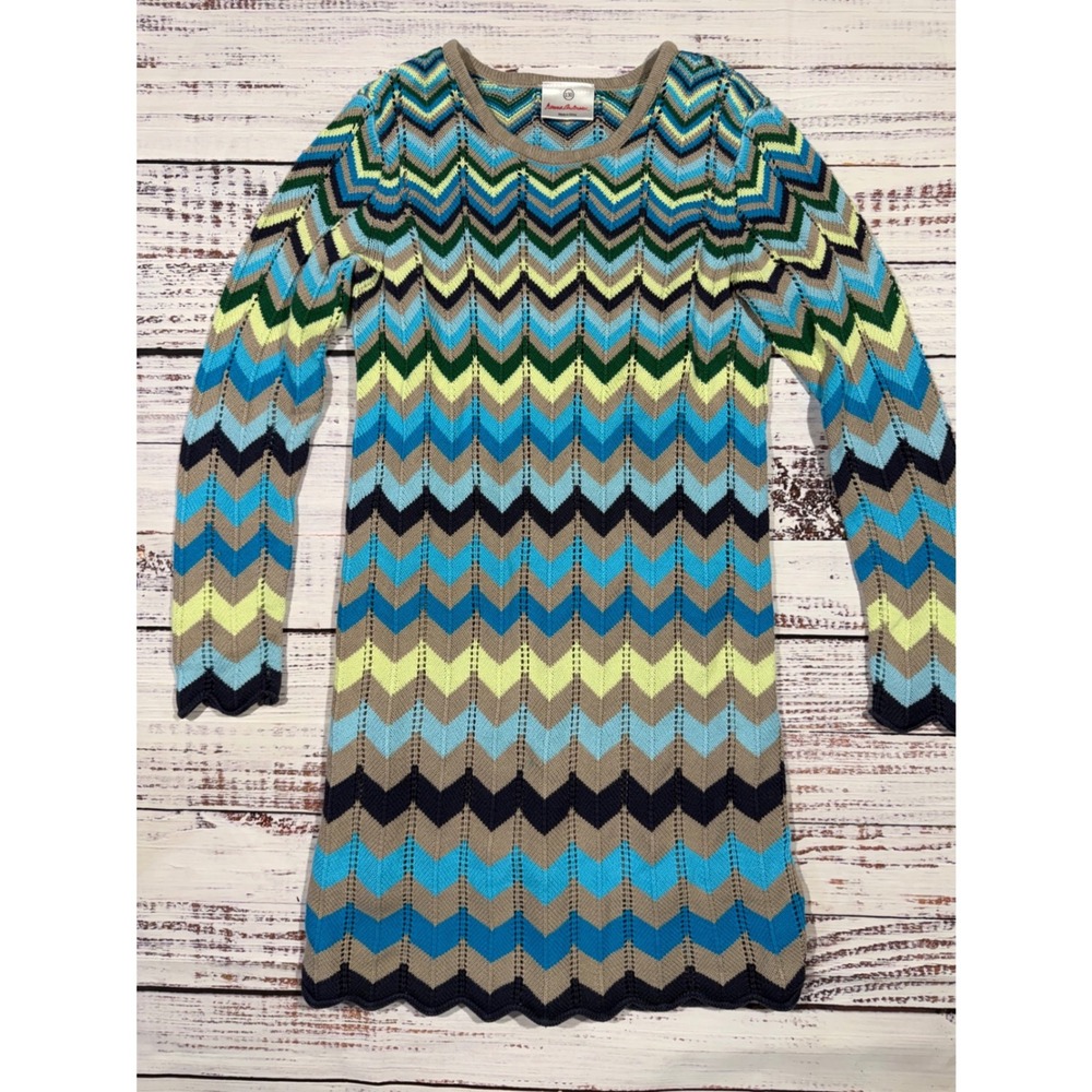 Hanna Andersson Girls Chevron Crochet Sweater Dress Blue Green Yellow Size 130